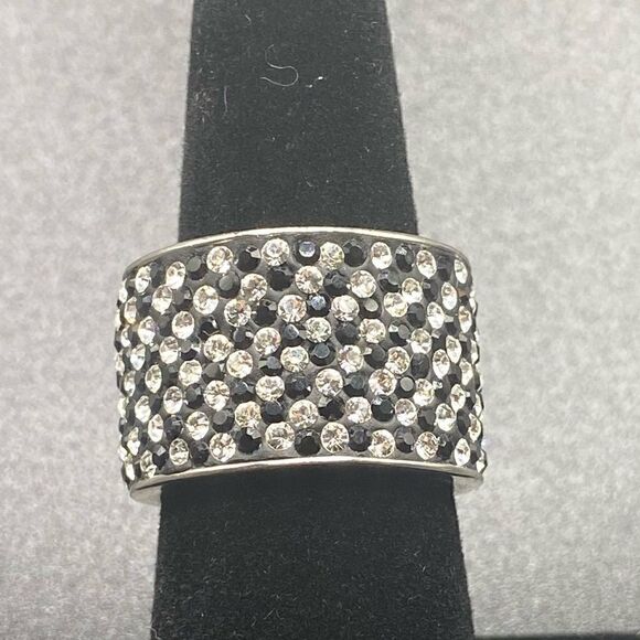 Stunning Black & white rhinestone cigar band 925 Sterling Silver size 7 - Picture 1 of 9